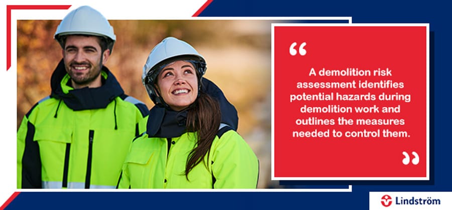 Construction workers in high-visibility gear with a quote about demolition risk assessment.