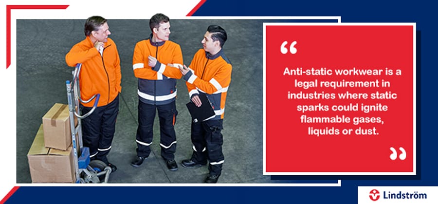 Workers in anti-static clothing with safety regulations quote.