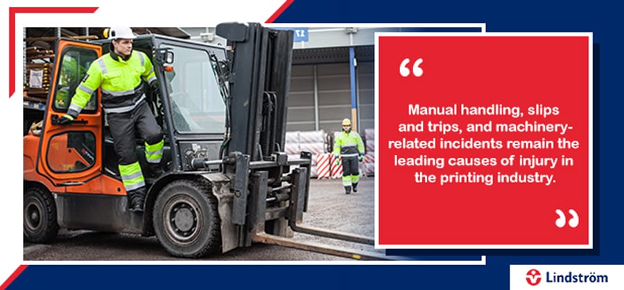 Worker exiting forklift with safety message on printing industry injury risks.