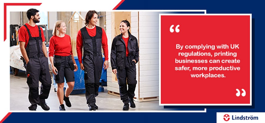 Print industry workers in compliant uniforms promote workplace safety and productivity.