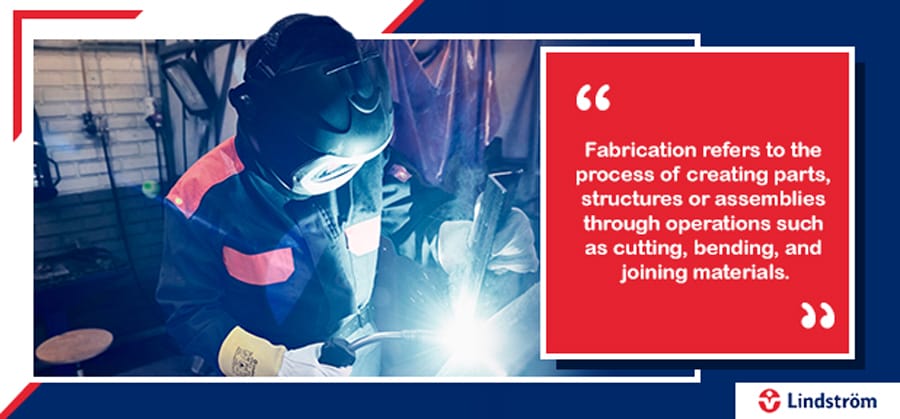 A worker welding metal parts in an industrial workshop with fabrication quote.