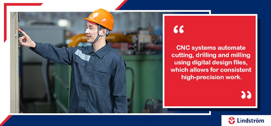 Engineer operating CNC system in industrial setting with automation quote.