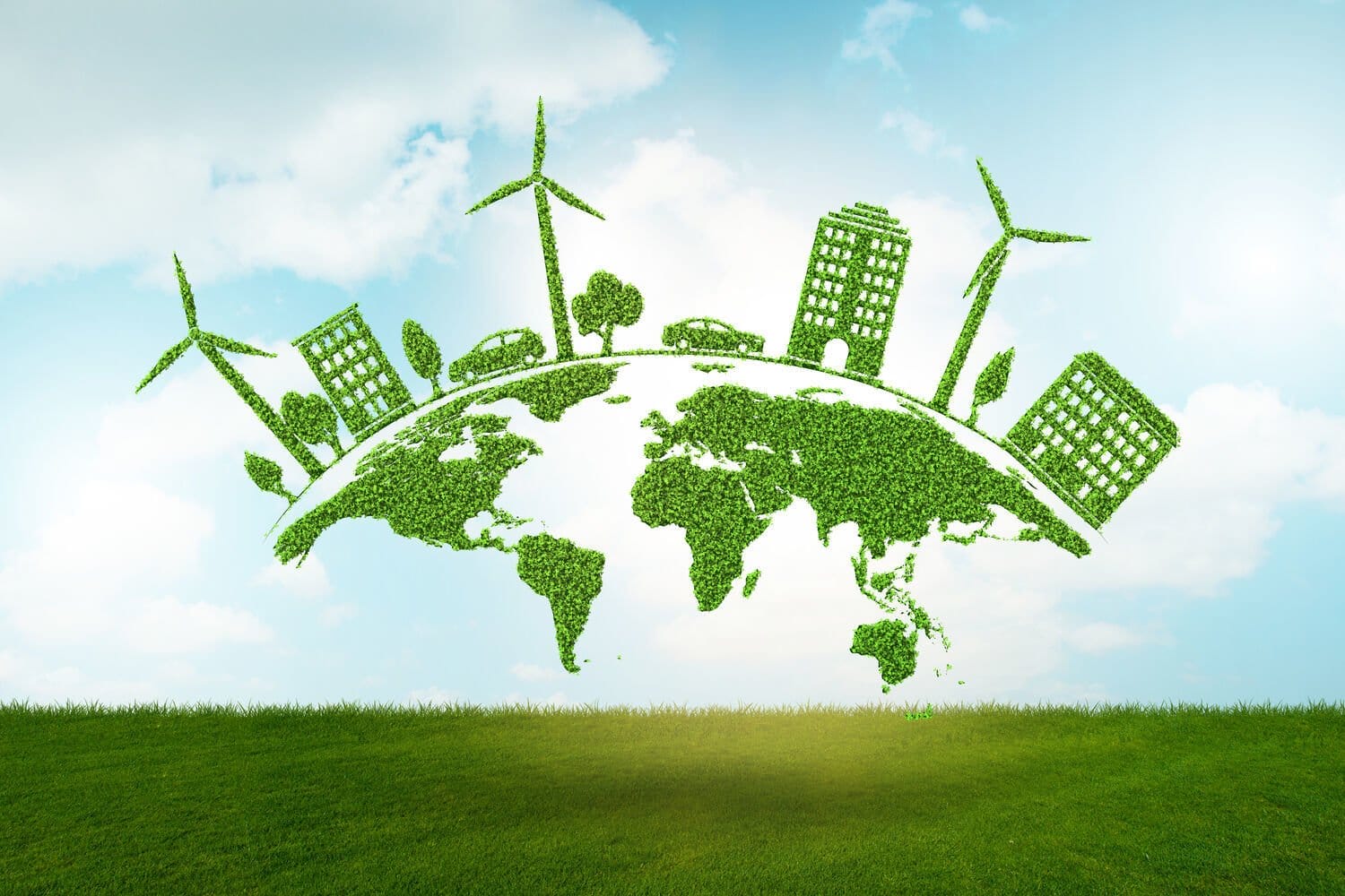 sky with sketch of wind turbines, buildings and car to highlight ESG at Lindström