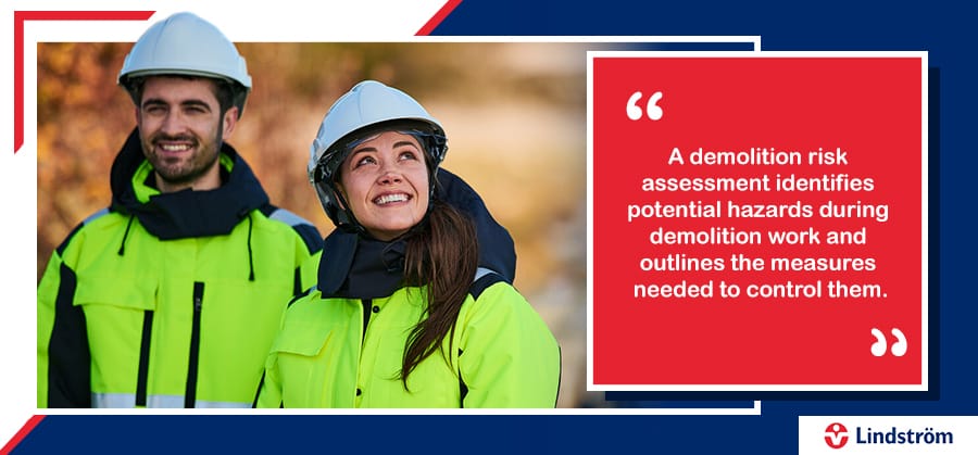 Construction workers in high-visibility gear with a quote about demolition risk assessment.