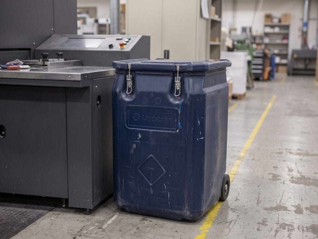Lindström industrial wiper container used for collecting soiled wipers in a print area.