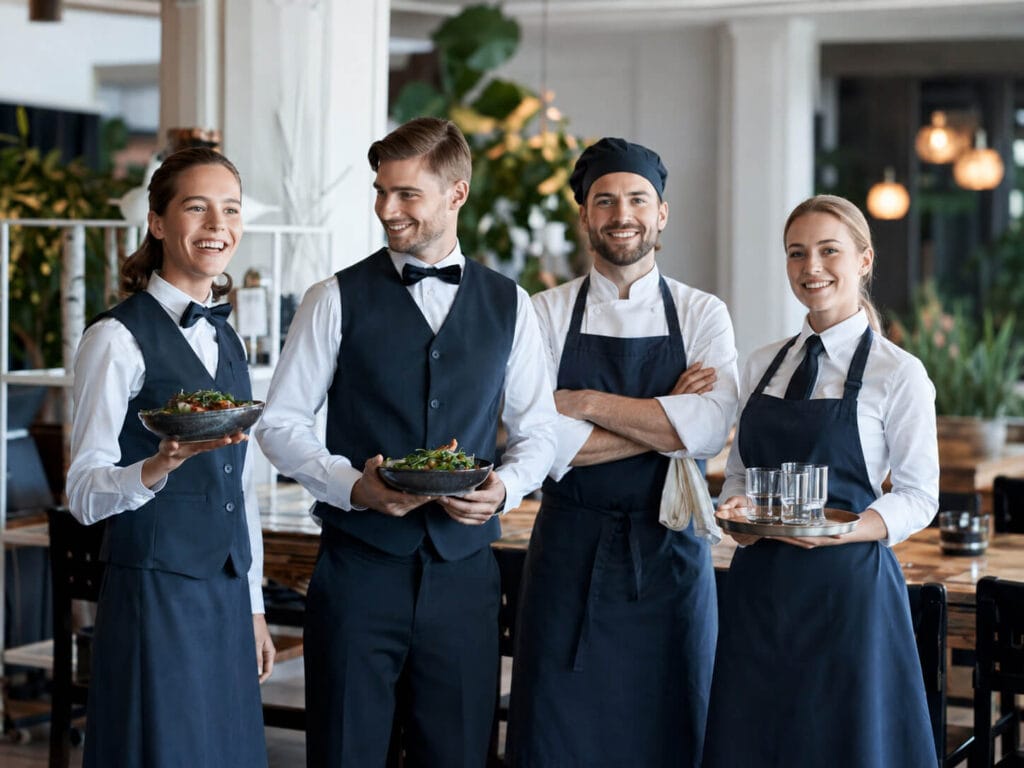 Tým restaurace v jednotných pracovních oděvech Lindström pro kuchaře a obsluhu v moderním gastro provozu.