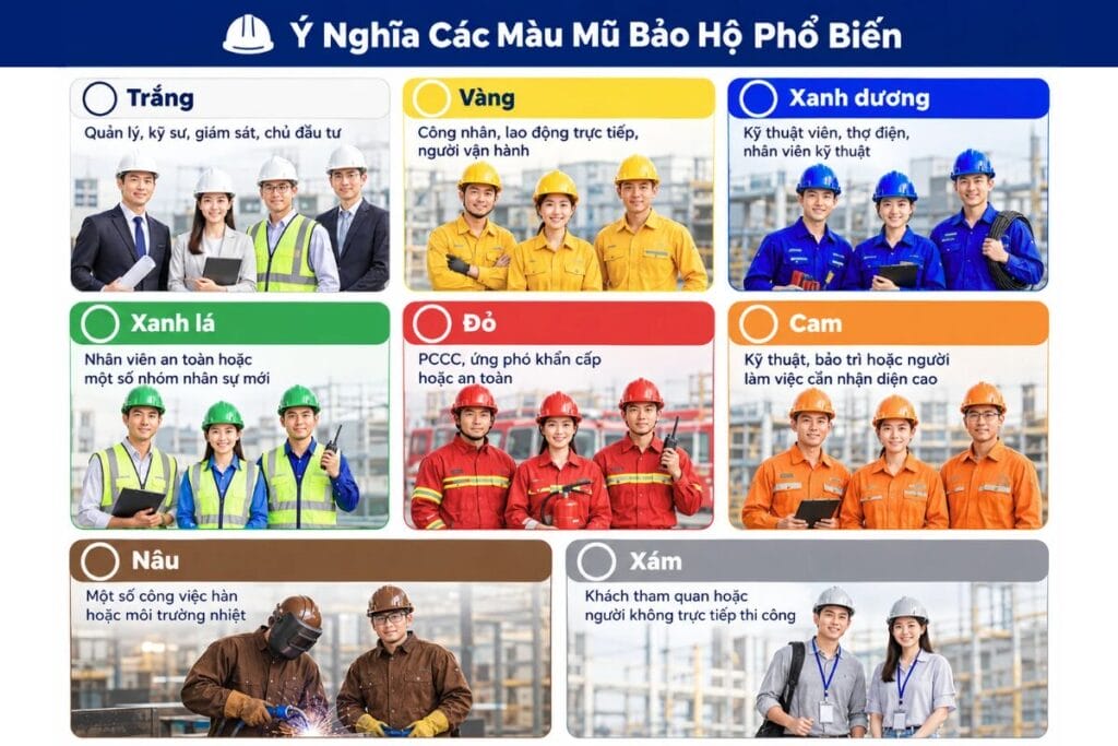 giải thích các màu mũ bảo hộ lao động phổ biến
